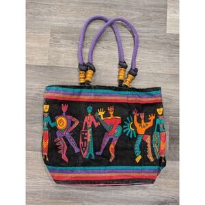 VTG Sun n Sand Large Colorful Beach Tote Bag Bold African Graphic Cotton Wood